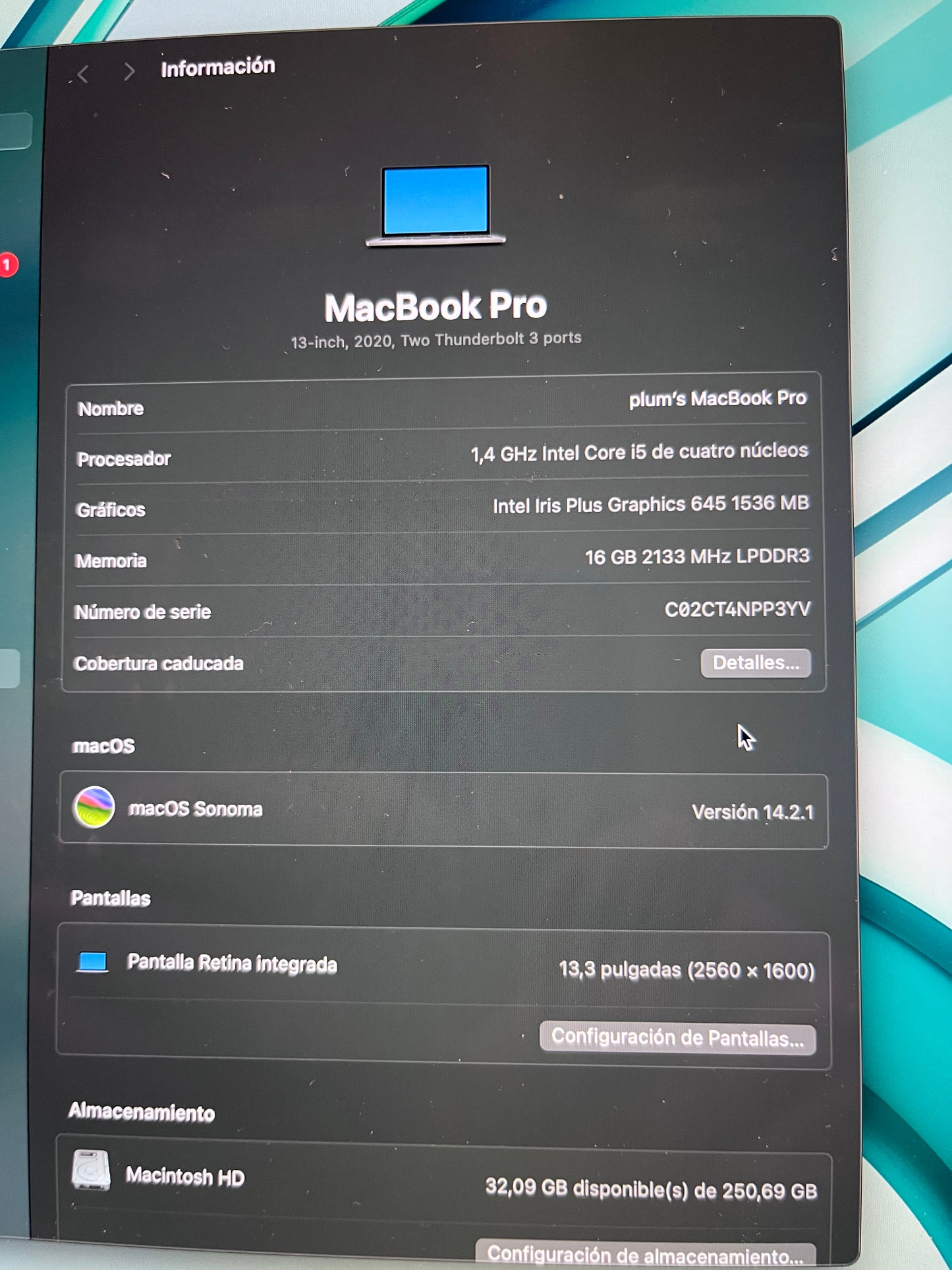 MacBook Pro 13Inch 2020 i5 16GB 250GB Ssd